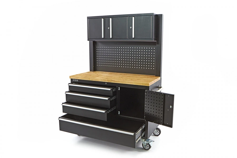 HBM Gereedschapswagen Met Kastenwand, Houten Werkblad, 122 Cm, Zwart 4 HBM Gereedschapswagen Met Kastenwand, Houten Werkblad, 122 Cm, Zwart - Afbeelding 2